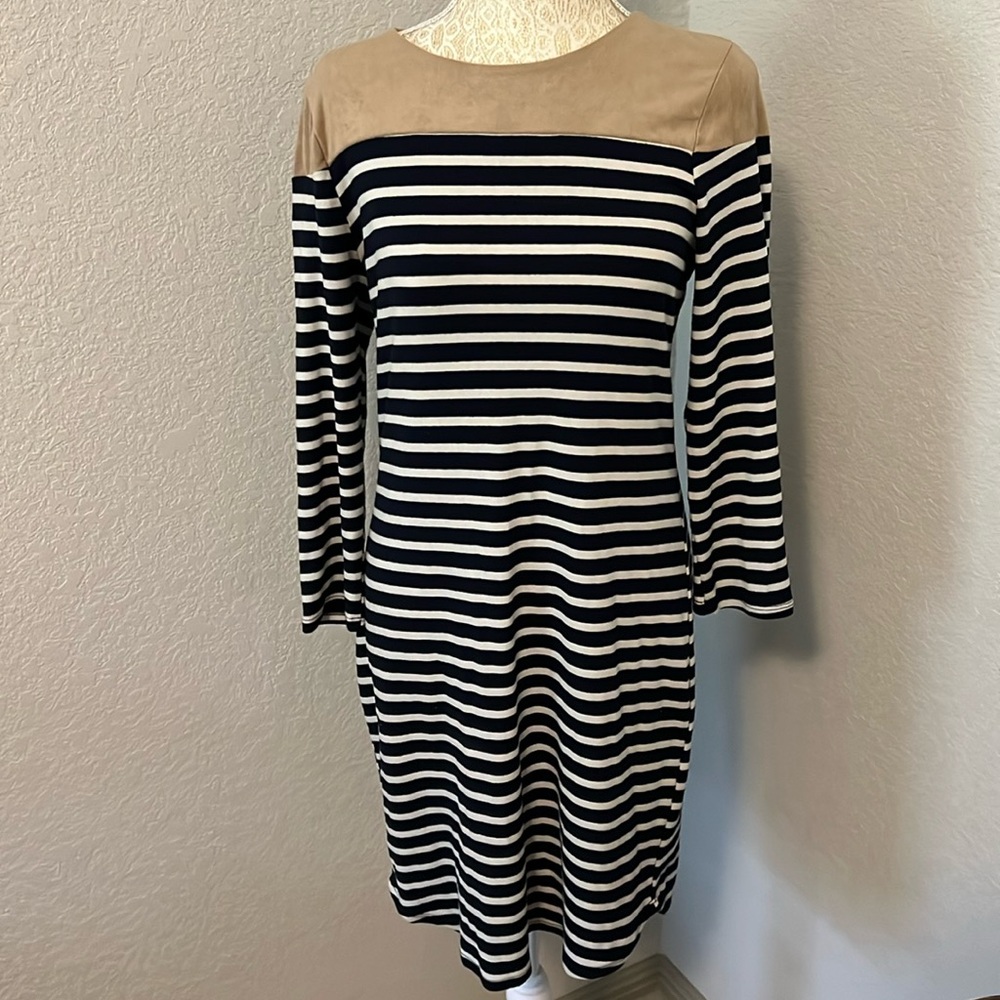 Striped Dress with faux suede accents, blue and white stripes size M by Monreau